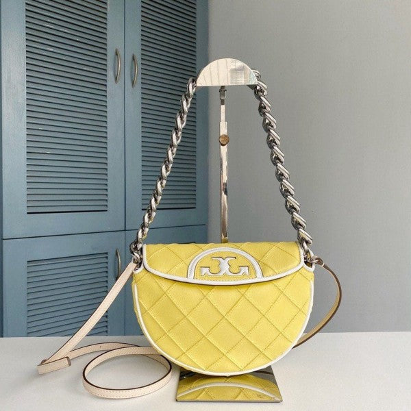 Tory Burch Fleming Soft Patent Border Crescent Premium Bag With OG Box & Dust Bag