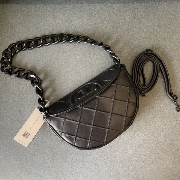 Tory Burch Fleming Soft Patent Border Crescent Premium Bag With OG Box & Dust Bag