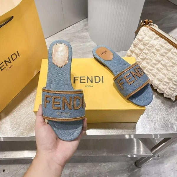 Fendi Denim Logo Flats With OG Box & Carry Bag