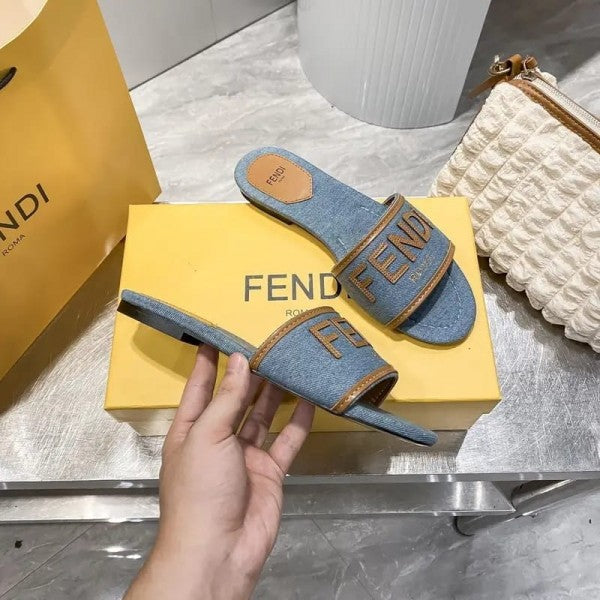 Fendi Denim Logo Flats With OG Box & Carry Bag