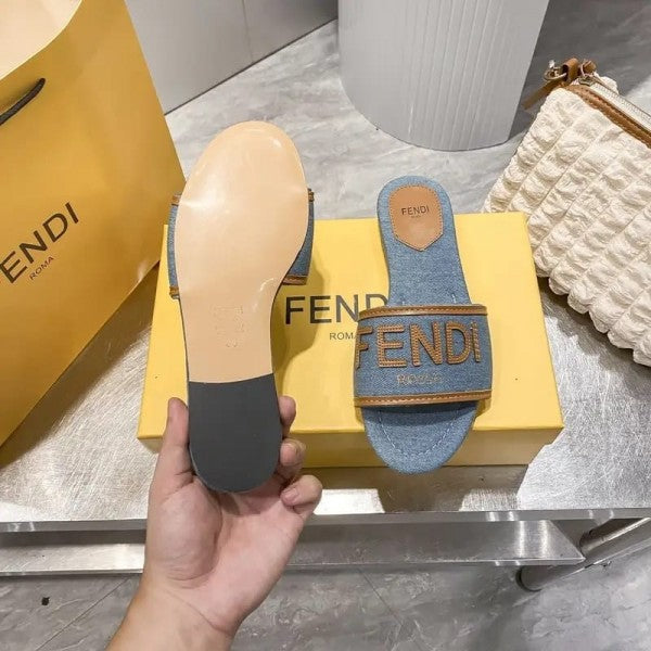 Fendi Denim Logo Flats With OG Box & Carry Bag