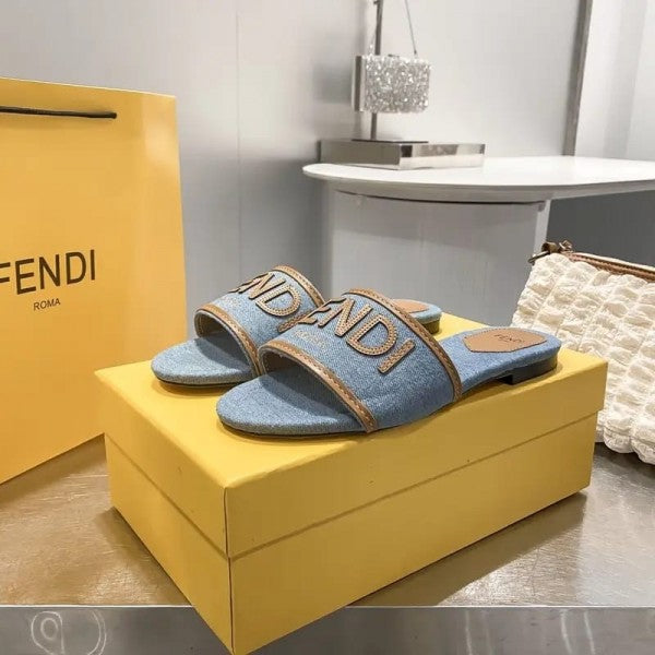 Fendi Denim Logo Flats With OG Box & Carry Bag