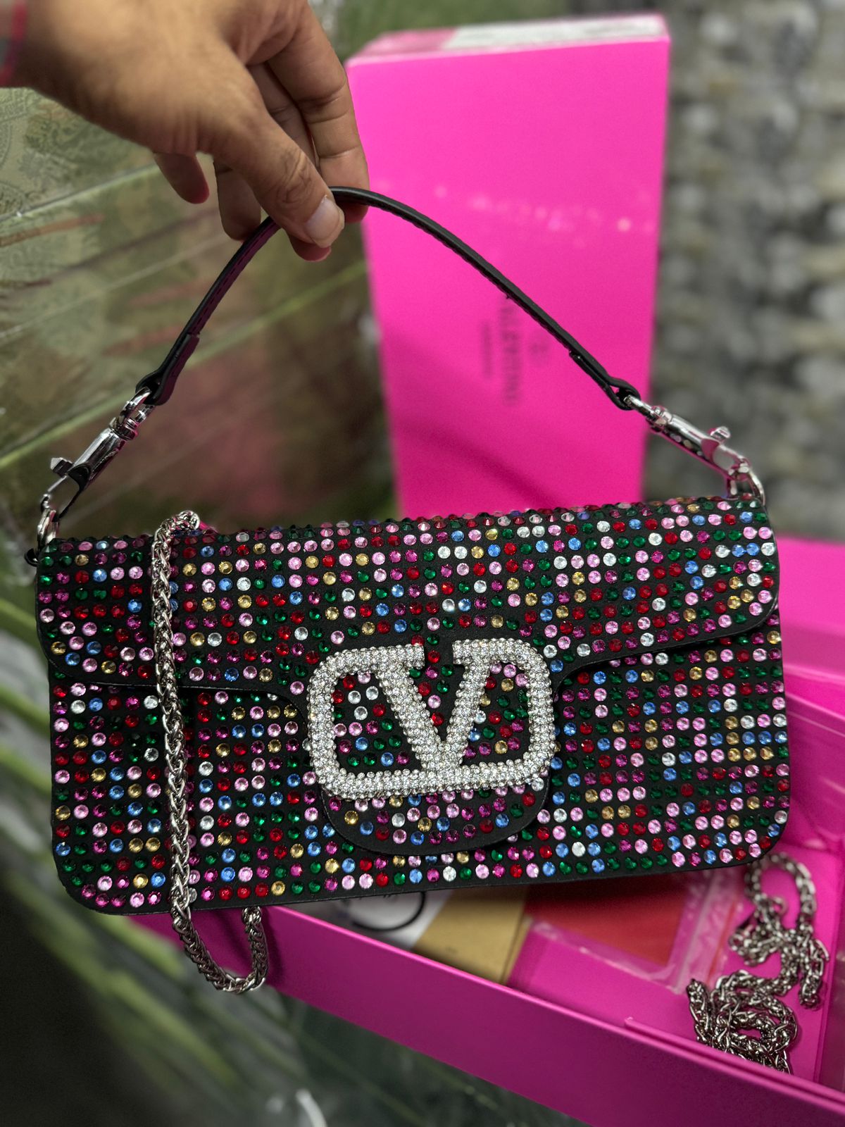 VALENTINO V LOGO BAGUETTE MULTI COLOUR STUDDED HIGH QUALITY BAG