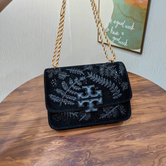 TORY BURCH ELANOR VELVET EMBELLISHED CONVERTIBLE CHAIN SHOULDER BAG