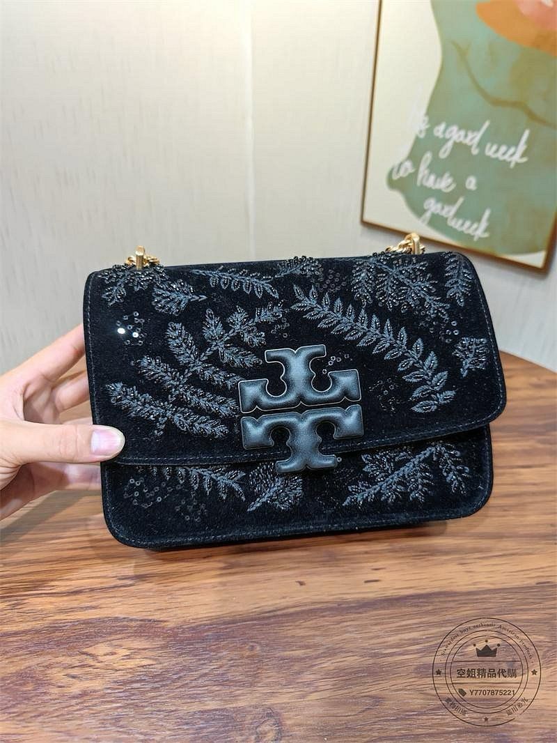 TORY BURCH ELANOR VELVET EMBELLISHED CONVERTIBLE CHAIN SHOULDER BAG