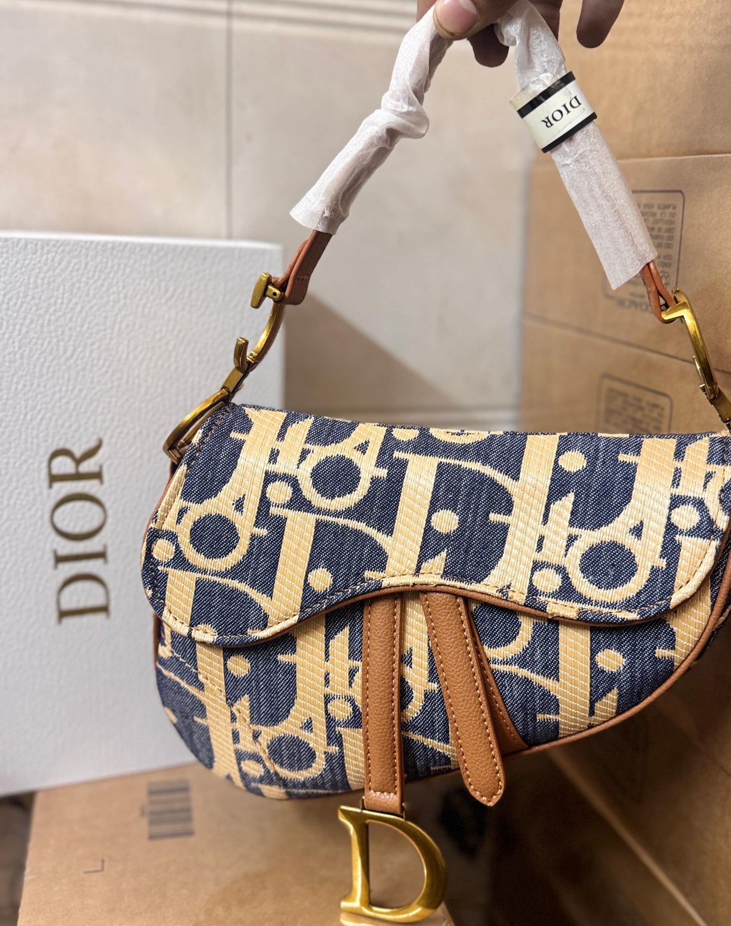 Dior Saddle Blue Beige Raffia Effect Bold Initials Bag