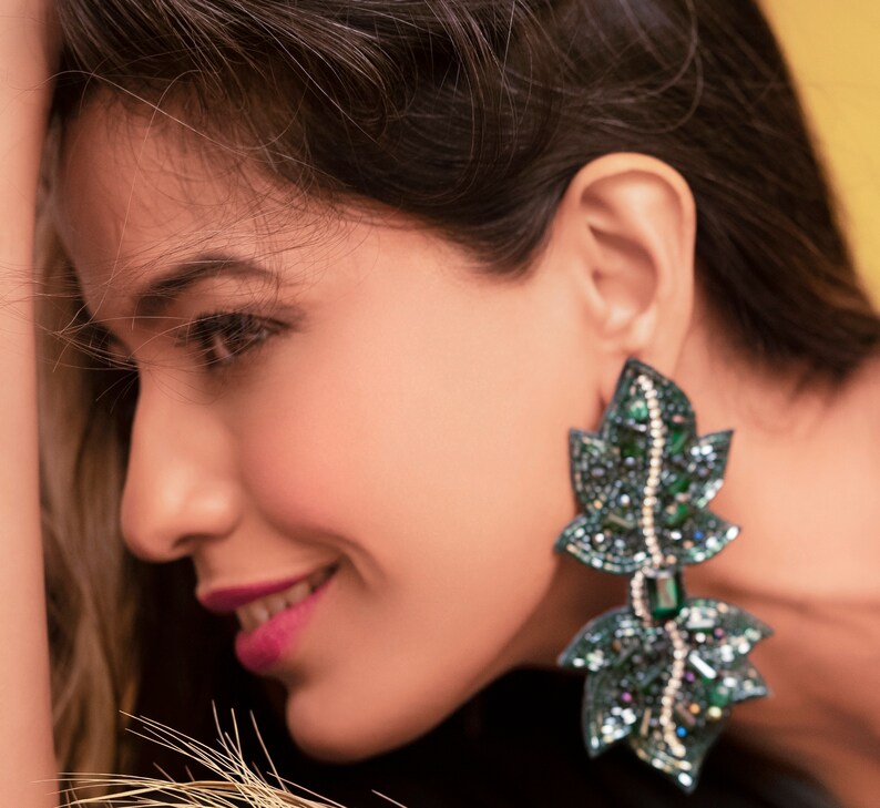 Gorgeous Emerald Earrings with Semi-Precious Crystal-Cut Stones