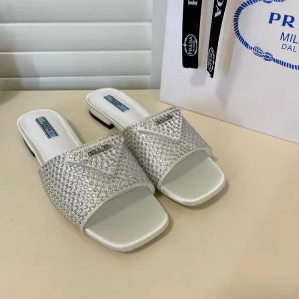 Prada Crystal Diamond Rhinestone Slides With OG Box