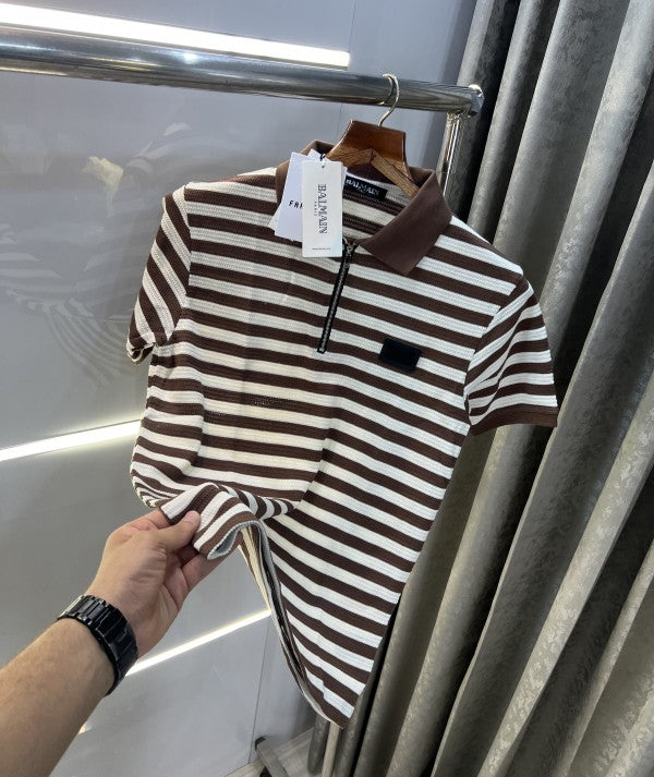 Balmain Paris Stripes Look Premium Knitted Polo T-Shirt