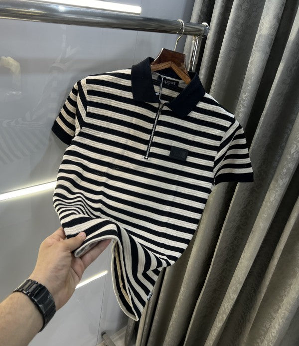 Balmain Paris Stripes Look Premium Knitted Polo T-Shirt