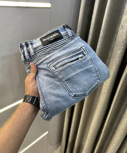 Balmain Paris Sky Blue Imported Rider Designer Denim