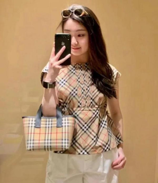 B_rberry Classic Check Tote Hand Bag With OG Box & Dust Bag