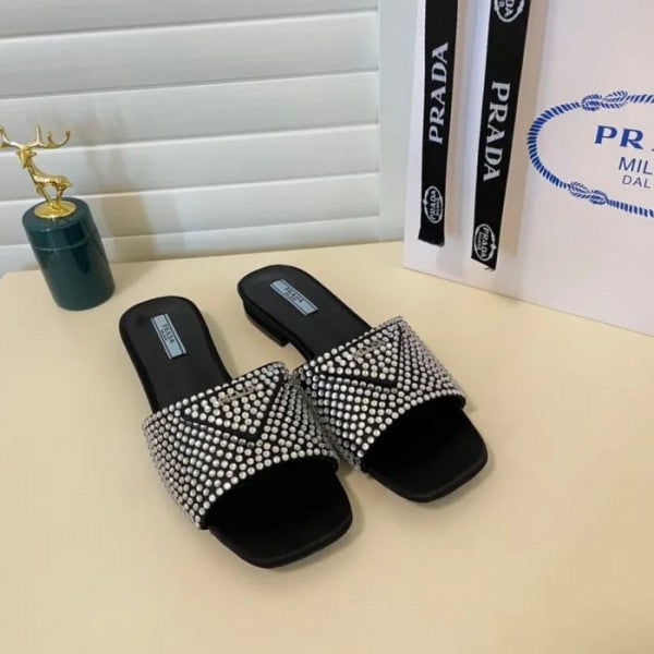 Prada Crystal Diamond Rhinestone Slides With OG Box