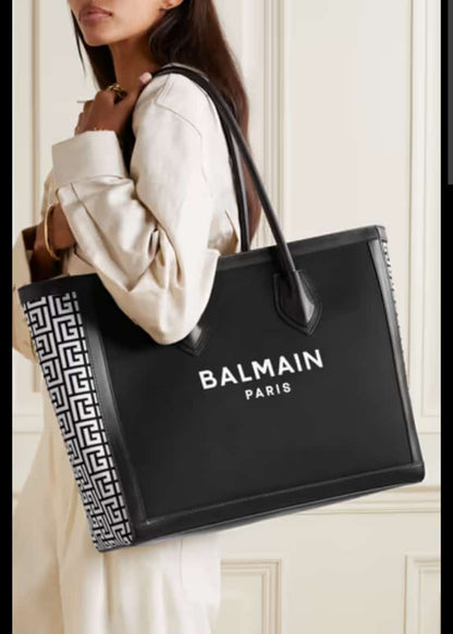 BALMAIN B ARMY LEATHER TRIMMMED CANVAS TOTE - LABLEWHORE.COM