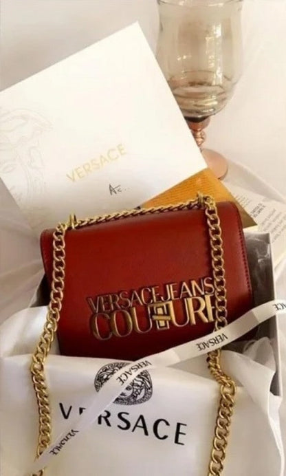 Versace Jeans Couture Saffiano Lock Crossbody Bag With OG Gift Box & Dust Bag Wine - LABLEWHORE.COM