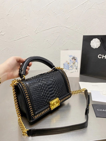 Chanel Le Boy Python Leather Bag Quilted Gold Hardware With OG Box & Dust Bag - LABLEWHORE.COM