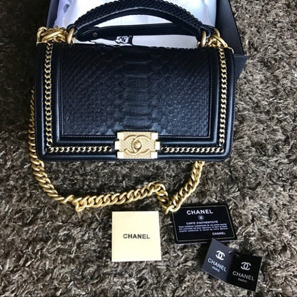 Chanel Le Boy Python Leather Bag Quilted Gold Hardware With OG Box & Dust Bag - LABLEWHORE.COM