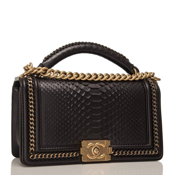 Chanel Le Boy Python Leather Bag Quilted Gold Hardware With OG Box & Dust Bag - LABLEWHORE.COM