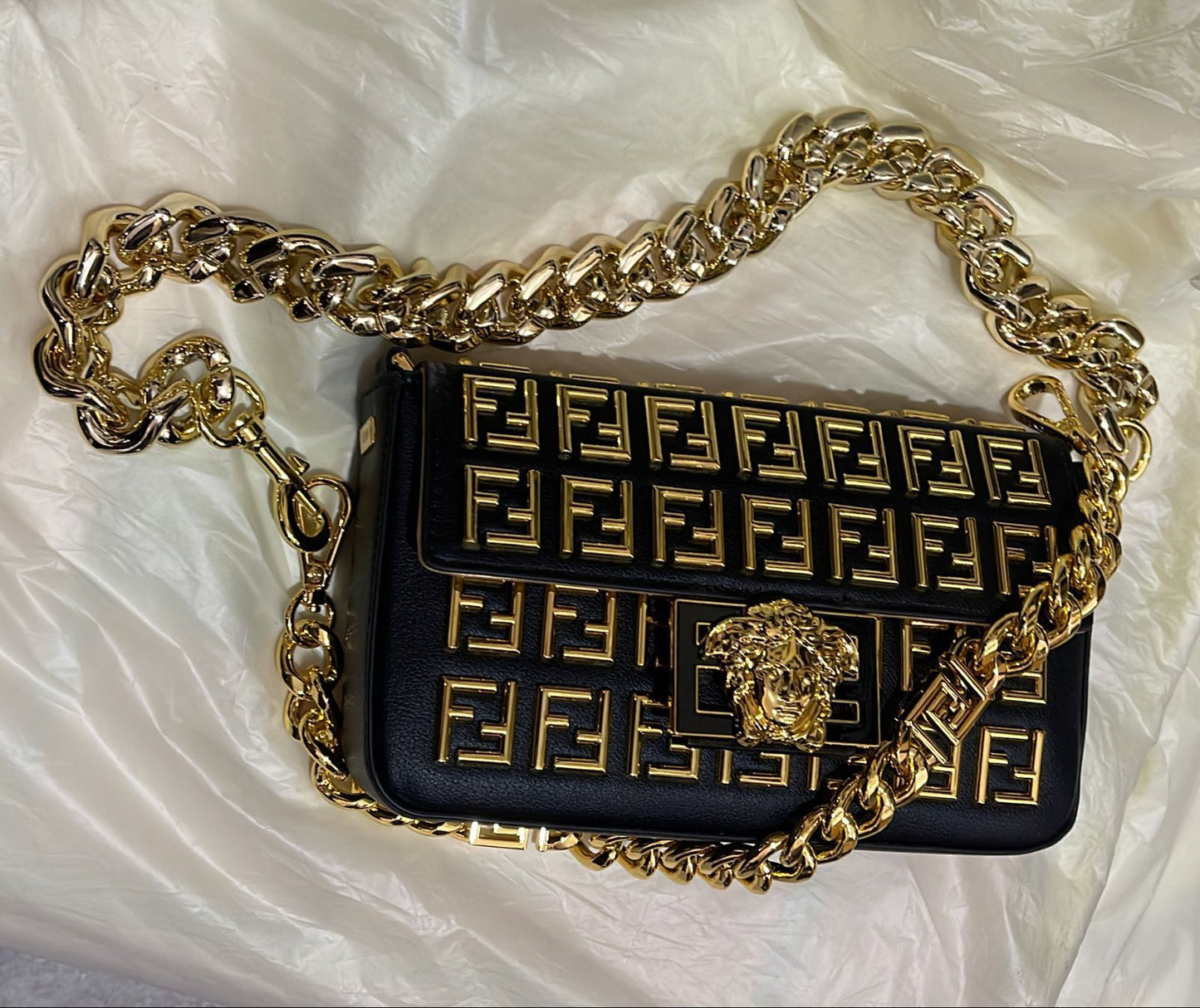 FENDI X VERSACE BROOCH METAL EMBOSSED GOLD F F EDITION - LABLEWHORE.COM