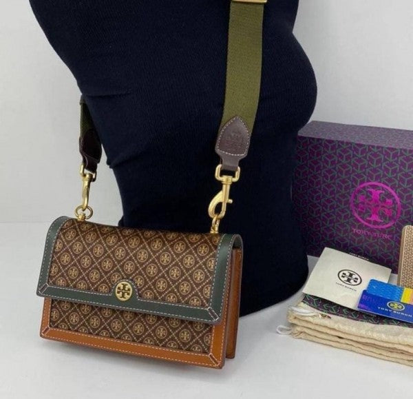 Tory Burch T Monogram Genuine Leather Shoulder Bag With OG Box & Dust Bag & Accessories