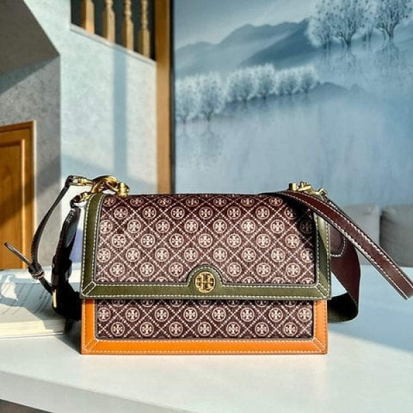 Tory Burch T Monogram Genuine Leather Shoulder Bag With OG Box & Dust Bag & Accessories