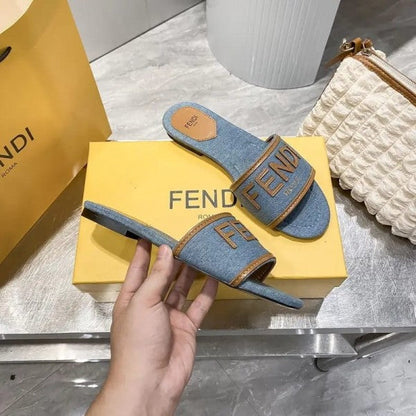 Fendi Denim Logo Flats With OG Box & Carry Bag