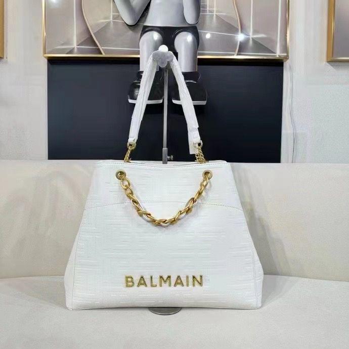 BALMAIN CHAIN EMBELLISHED SELF EMBOSSED LEATHER TOTE BAGS