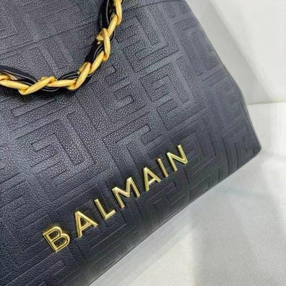 BALMAIN CHAIN EMBELLISHED SELF EMBOSSED LEATHER TOTE BAGS