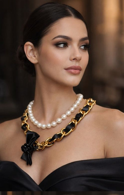 Cha-nel Inspired Double-Strand Pearl & Bow Necklace
