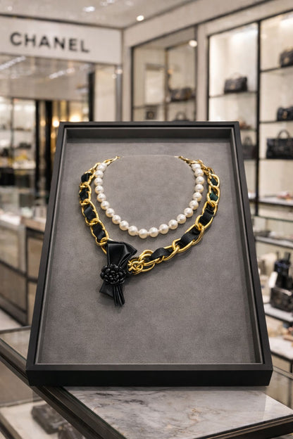 Cha-nel Inspired Double-Strand Pearl & Bow Necklace