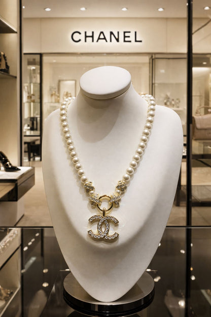 Cha-nel Pearl & Diamond Studded Choker cum Necklace