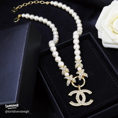 Cha-nel Pearl & Diamond Studded Choker cum Necklace