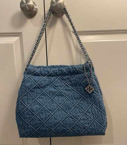 TO-RY BUR-CH AUTHENTIC FLEMING DENIM HOBO BAG