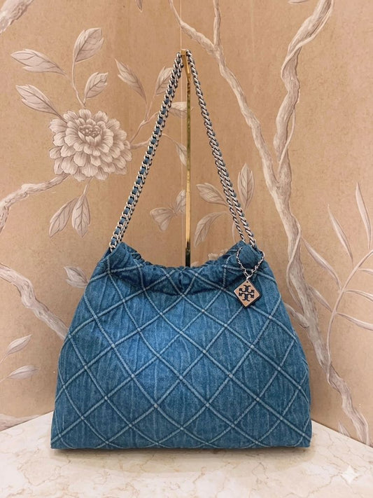 TO-RY BUR-CH AUTHENTIC FLEMING DENIM HOBO BAG