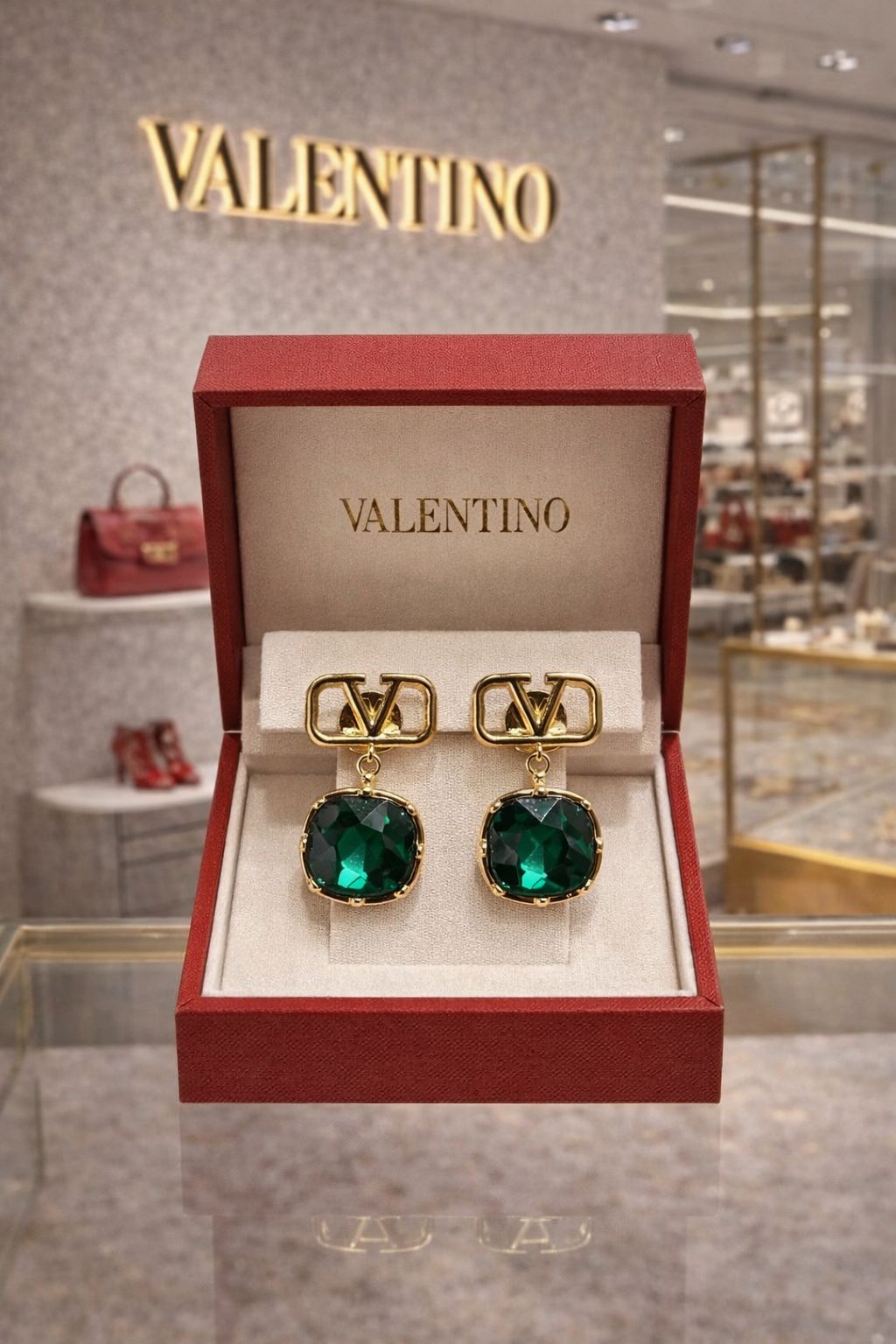Va-len-tino Garavani V-Logo Emerald Drop Earrings