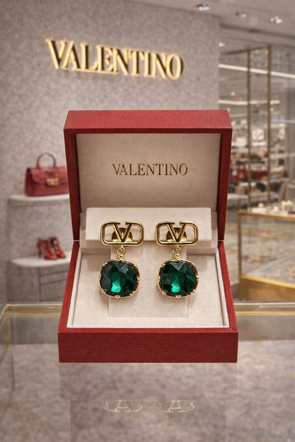 Va-len-tino Garavani V-Logo Emerald Drop Earrings