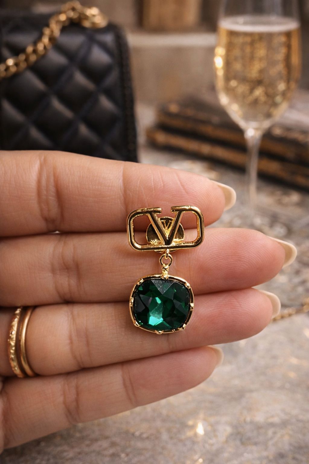 Va-len-tino Garavani V-Logo Emerald Drop Earrings