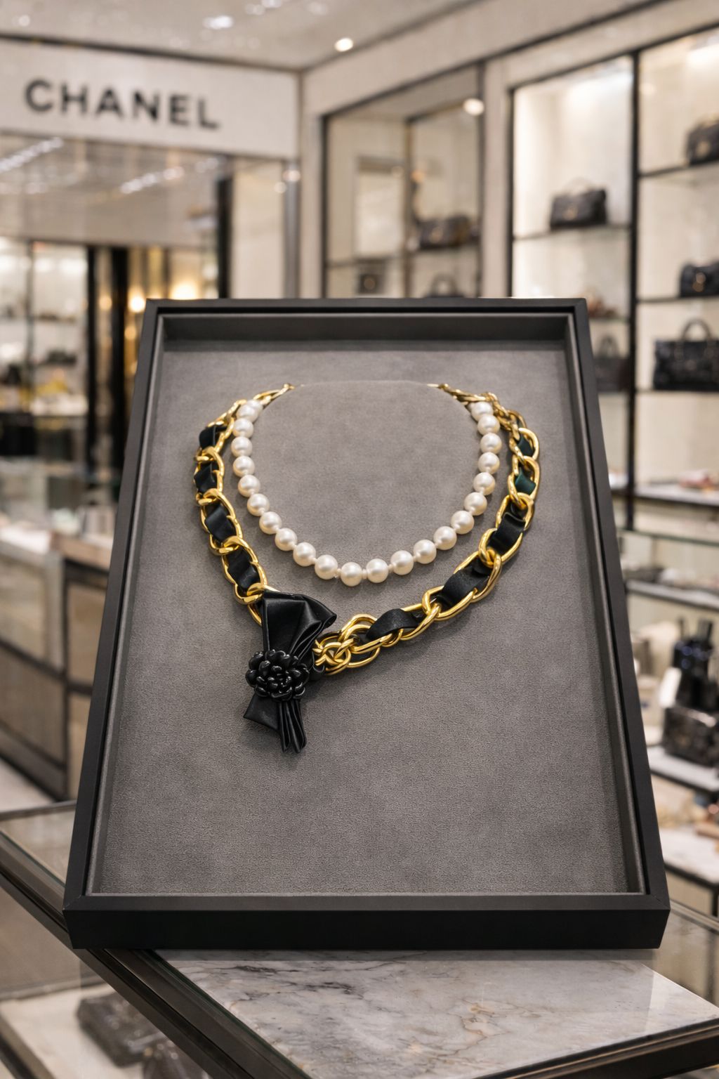 Cha-nel Inspired Double-Strand Pearl & Bow Necklace