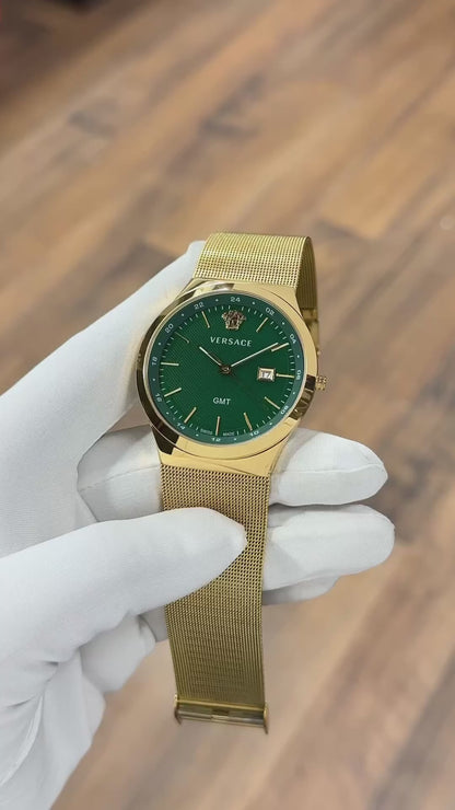 Exclusive Versace gold mesh gold with beautiful green dial